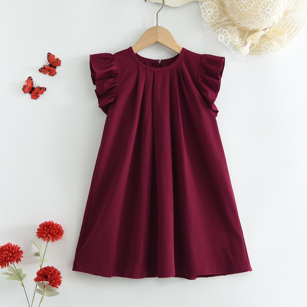 Girls' Small Flying Sleeve Dress 2026 Summer New Style Girls Solid Color Fungus Edge Skirt