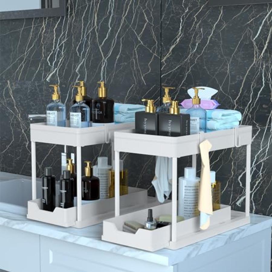 2er-Pack Unterspülbecken-Organizer, 2-stöckig, ausziehbar, für Badezimmer und Küche, mit großen weißen ABS-Körben, einfache Installation und Reinigung