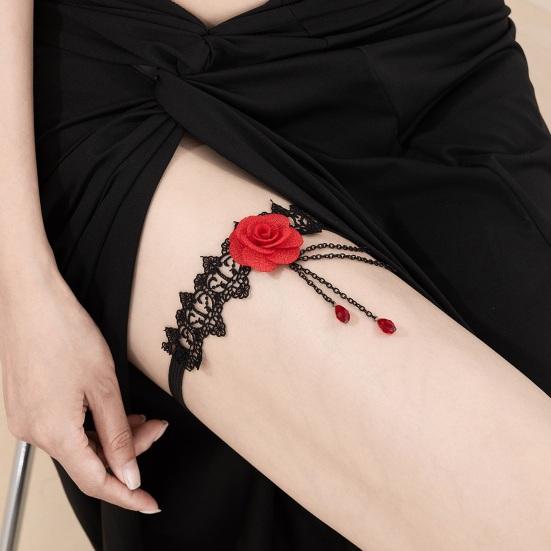 Women Leg Chain 3D Rose Decor with Elastic Band Tassel Chain Faux Crystal Pendant Leg Jewelry Wedding Night Club Party Thigh Garter
