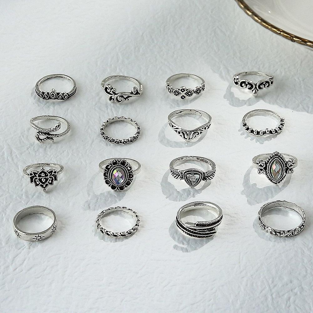 Europe and The United States New Ring Retro Exaggerated Hollow Carved Snake-shaped Feather Gem 16-piece Combination Ring Foreign Trade