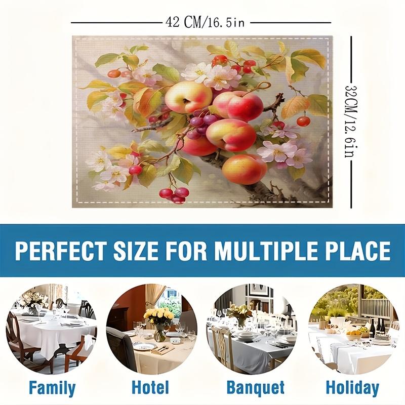 Linen Placemats – Digital Printed, Heat-Resistant, Classic Floral & Fruit Design, Ideal for Farmhouse Kitchen, Dining, Parties