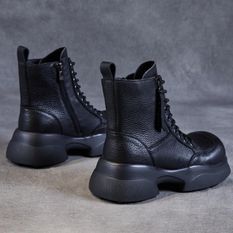 Johnature Vielseitige kurze Stiefel aus echtem Leder mit quadratischem Zehenbereich, lässige Stiefel mit dicken Sohlen, Damenschuhe