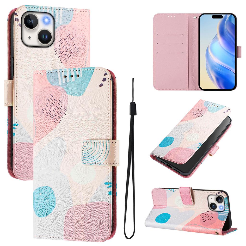 For iPhone 15 Case Pattern Printing Wallet Phone Cover with Strap