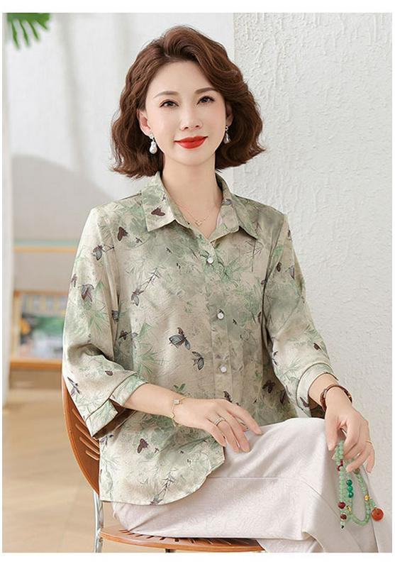 2026 Chic Printed Shirt for Moms: Loose, Nine-Point Sleeve, Spring/Autumn Fashion for Middle-Aged and Elderly Women