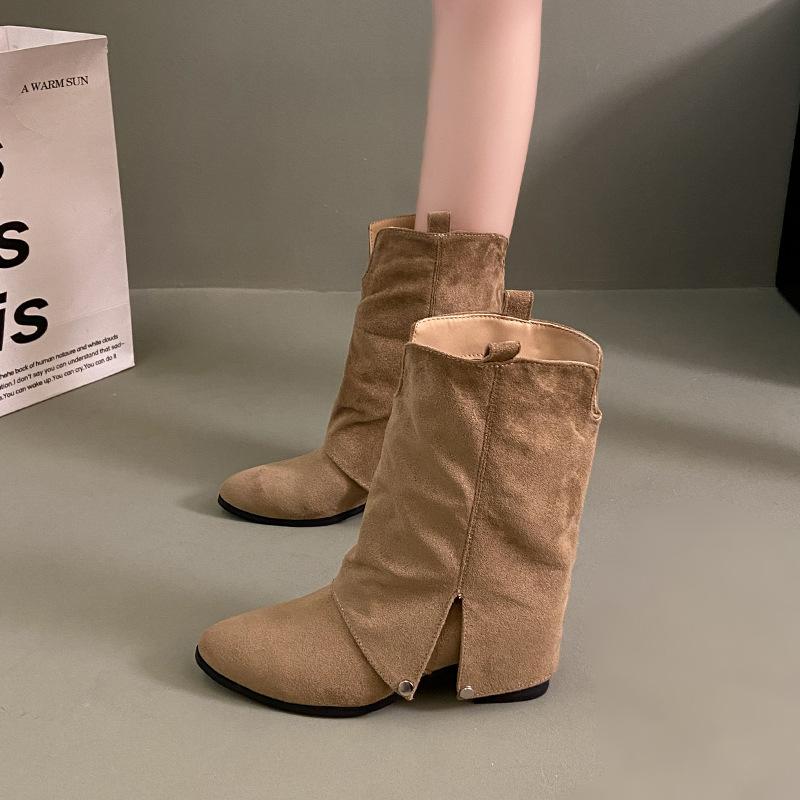 Thick Heel Pointed Western Cowboy Boots Short Boots Women's Shoes 2025 Autumn and Winter Suede with Skirt Pants Boots Skinny Boots