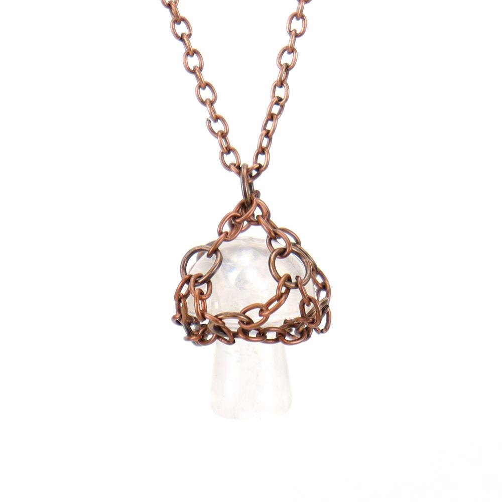 Handmade Retro Winding Crystal Tiger Stone Agate Small Mushroom Pendant Necklace Jewelry N698