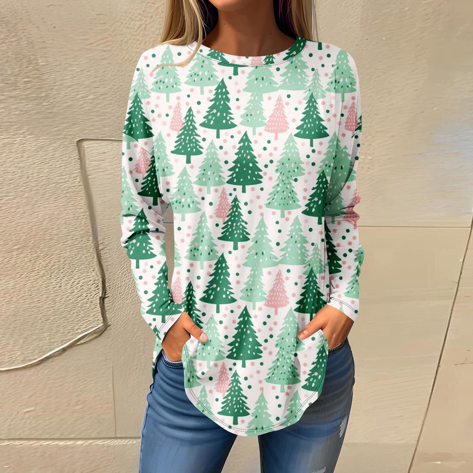 

Футболки для женщин, осенние повседневные рубашки с длинными рукавами, толстовка с ретро-принтом, топ для рождественской вечеринки, пуловер M