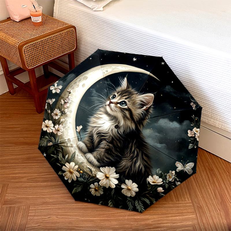 1 PC Automatic Folding Umbrella - Kitten and Moon Night Pattern, Portable & Foldable Design with 8 Ribs, Christmas Birthday Gifts