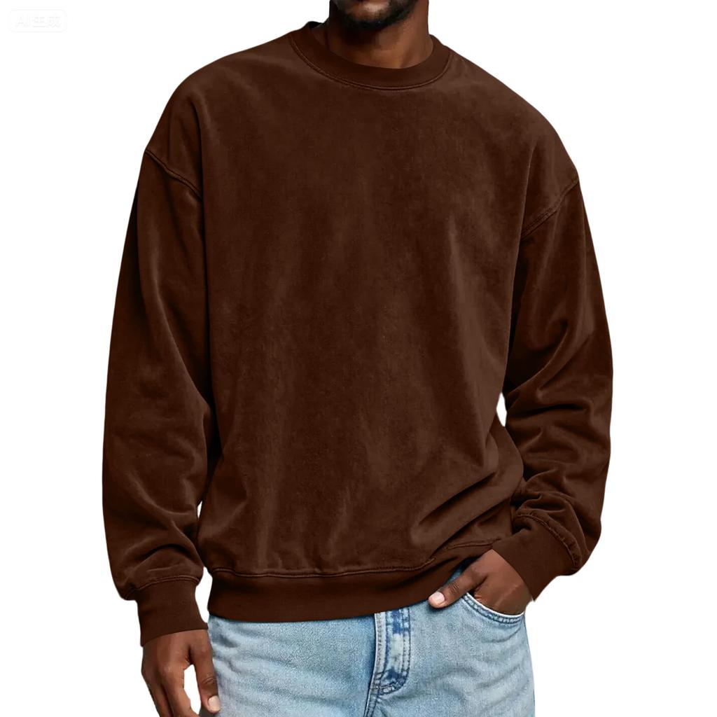 Men's Solid Color Loose Casual Suede Round Neck Sweatshirt