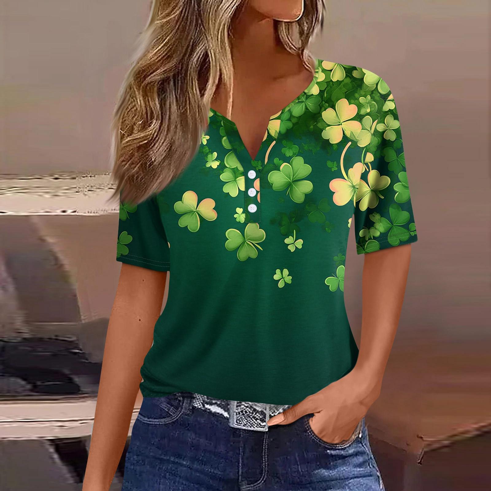 

Women s T Shirt Tee Print Button Short Sleeve Daily Weekend Fashion Basic V- Neck Regular Top St. Patrick s Day XXL