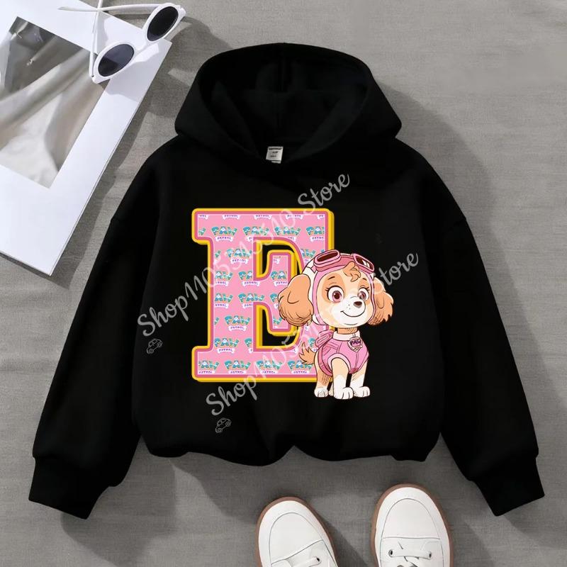 Child Black Long- Sleeve Hoodie Girls Skye Polyester Top Cartoon Letter A-Z Printed Pullover Children Birthday Gifts