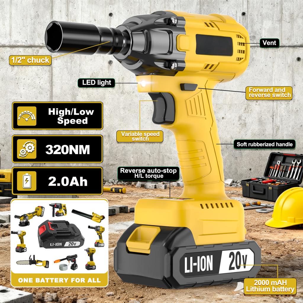 Mocny Bezszczotkowy Klucz Udarowy 20V Li-Ion 500W 1/2 Cala do Zastosowań Przemysłowych i DIY