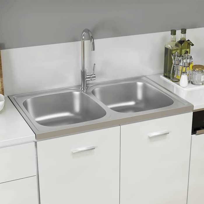 VidaXL Double Bowl Kitchen Sink Silver 800x500x155 Mm Stainless Steel 147234
