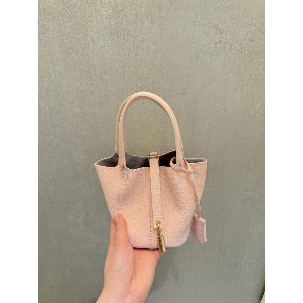 Cross-border direct supply, first-layer cowhide mini vegetable basket 14cm exquisite handbag, hand-held high-end versatile bucket bag