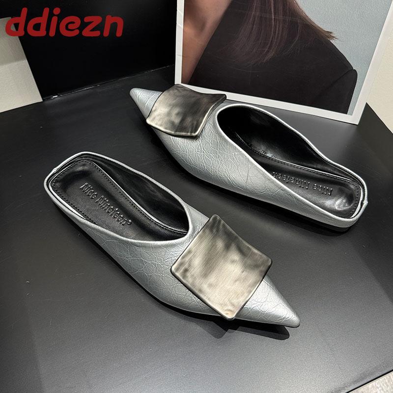 Mode Mode Metall Kvinnor Ballerinaskor Tofflor Skor Mules Sandaler Vår Sommar Strand Kvinnliga Slides Spetsig Tå Damer Ballerinaskor Tofflor Skor