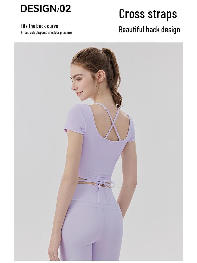 Women's Cooling Yoga Suit: Short Sleeve Top with Built-in Bra & Draping Tie-up Micro Flare Pants Set