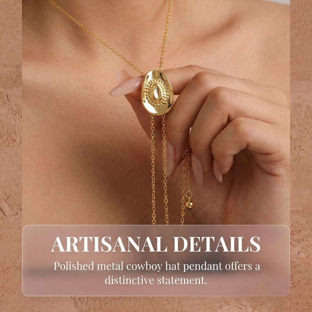 Vintage Zinc Alloy Cowboy Hat Necklace Adjustable Fringed Lariat Sweater Chain Gold Pull-out Tassel Drawstring Necklace Daily