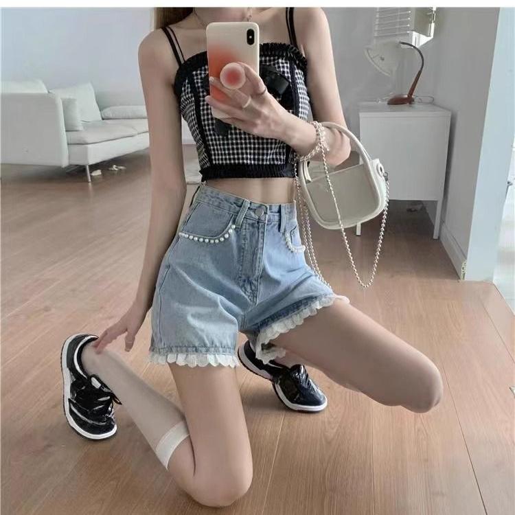 

Горячие джинсовые шорты летние сексуальные кружевные со стразами с высокой талией короткие брюки XXXL синий