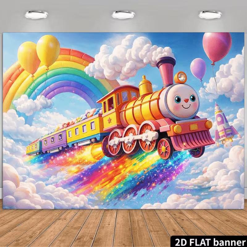 2D Rainbow Cloud Cartoon Train Backdrop Ball Rocket Kids Birthday Photo Banner