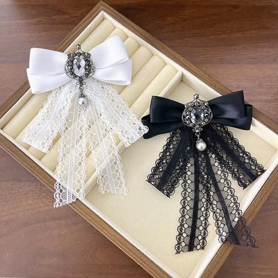 Broches de Lazo de Encaje de Cinta Vintage para Mujer Pedrería Perla Lazo Pins para Cuello de Camisa de Vestido Elegantes Accesorios de Decoración