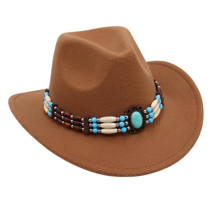 Ethnic Style Western Cowboy Top Hat Turquoise Horseback Riding Jazz Hat Crimped Felt Hat Literary And Retro Sun Hat
