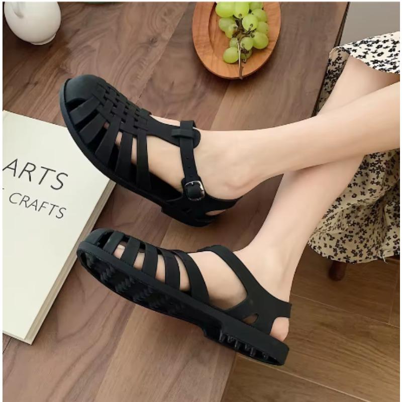 Fashion Retro Woven Roman Sandals Women's Summer Korean Sle Fairy Wind Flat Bot Jelly Oes Beach Oes Breathable Open Toe