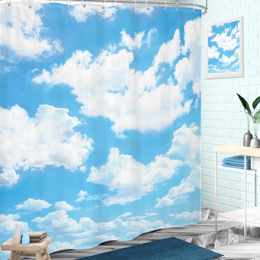 Blue Sky Backdrop Cloud Shower Curtain Nature Landscape Scenery Waterproof Fabric Polyester Bathroom Bathtub Decoration