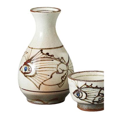 Sake Tokkuri and Ochoko Diameter X Height Arabesque Fish Size Mino Suitable for Hot Cold and Japanese Sake Ale-net Set, (Cupcake) Set, 340ml, 8.5cm