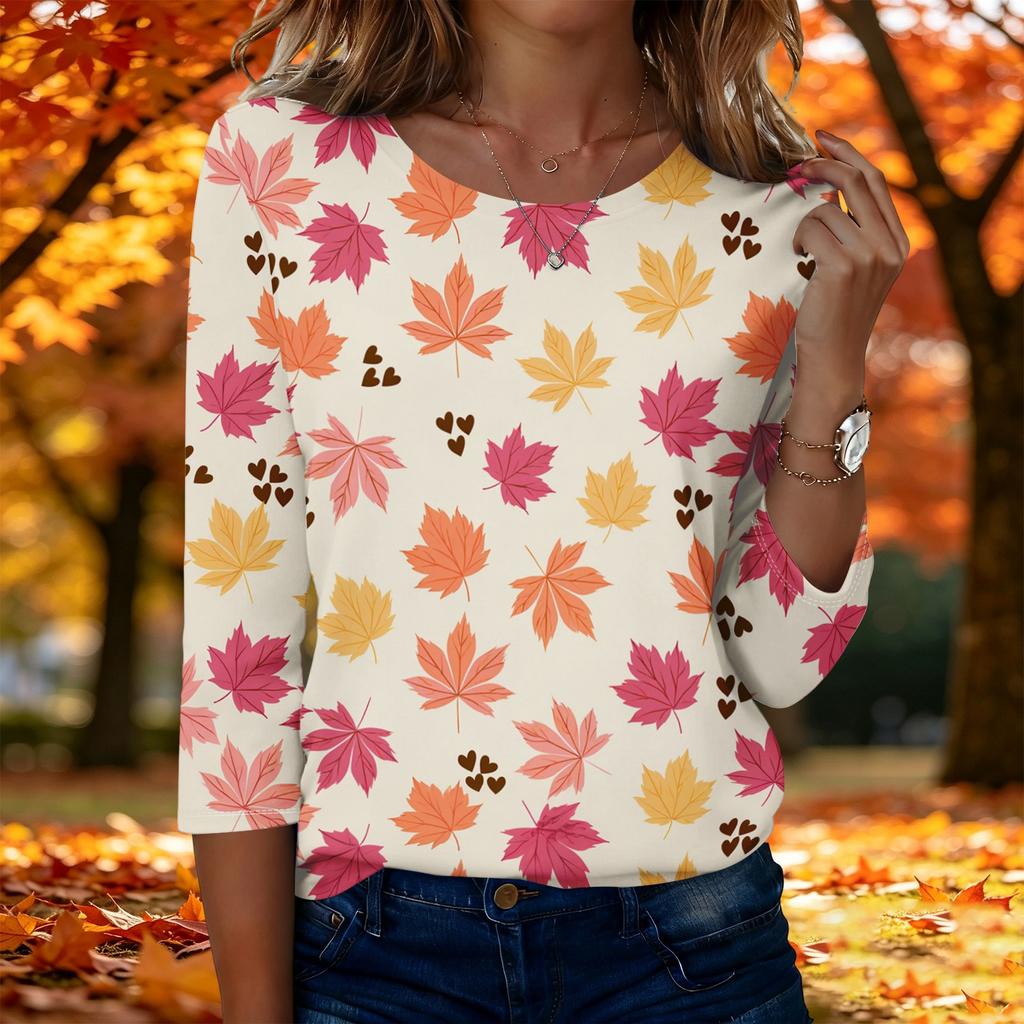Women's Fashion Casual Three-Quarter Sleeve Round Neck Top with Leaf Print
