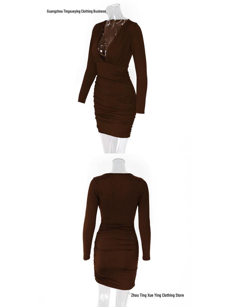 European Sexy Deep V Ruffled Bodycon Dress for Autumn/Winter