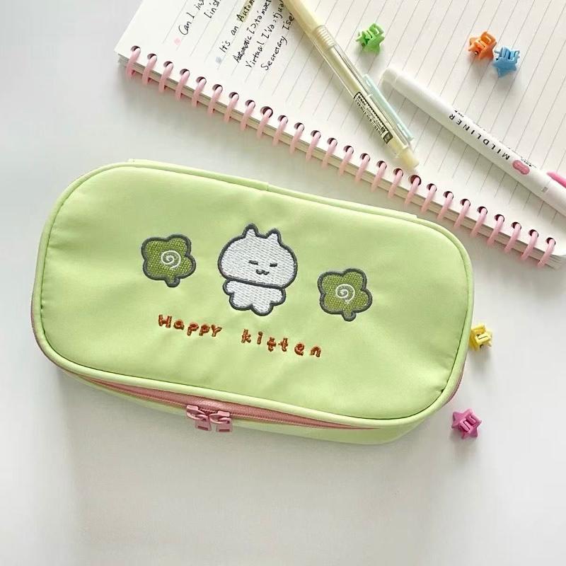 Cute Four Leaf Clover Kitten Pencil Case Cartoon Large Capacity Zipper Pencil Bag Student Stationery Storage Bag School Supplies