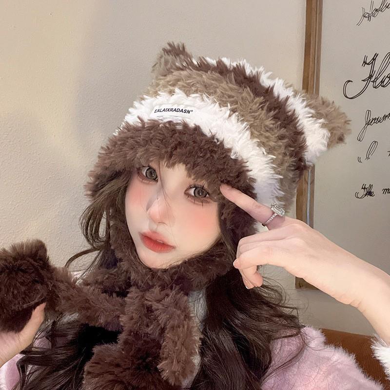 Cute lamb warm hat women's autumn and winter cold-proof plush knitted ear hat outdoor pullover hat
