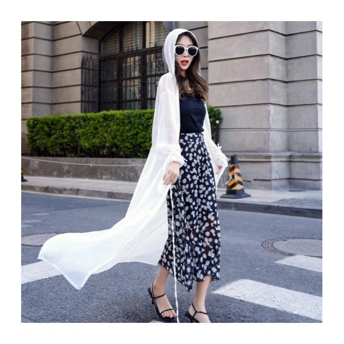 Hooded Beach Print Chiffon Cardigan for Women – Flowy, Breathable, Sun Protection Cape