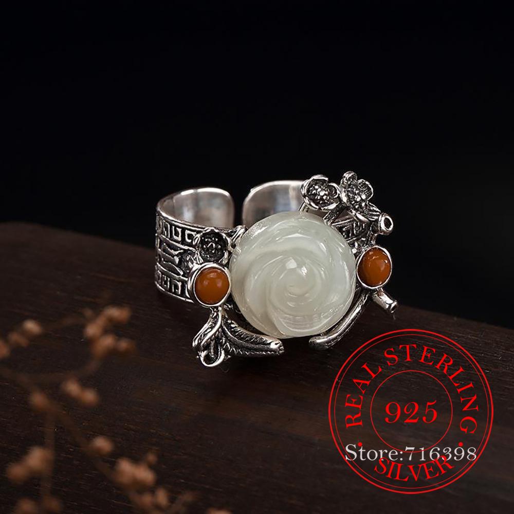 

925 Sterling Silver Jewelry White Jade Red Agate Rose Flower Finger Rings for Women Wedding Party Jewelry for Girls Friend Gift resizable