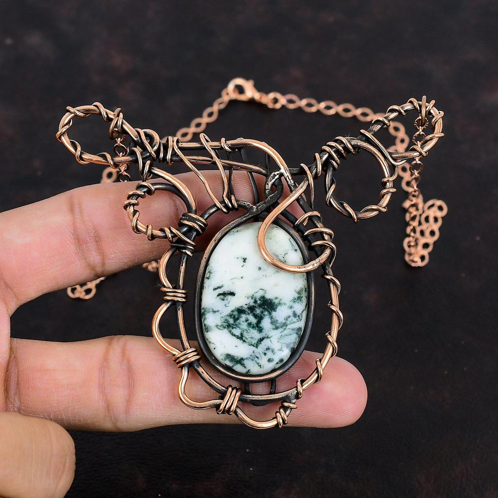 Tree Agate Necklace Copper Wire Wrapped Necklace Unique Copper Jewelry Handmade Adjustable Chain Necklace Gemstone Necklace Gifts For Friend