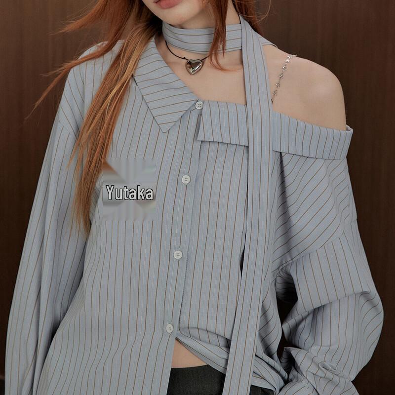 

UNIFREE Striped Asymmetrical Shoulder Long Sleeve Shirt L