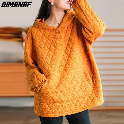 DIMANAF 2022 Plus Size New Sweatshirts Jacket Women Warm Plaid Coats Casual Autumn Loose Buttons Oversize Short Orange