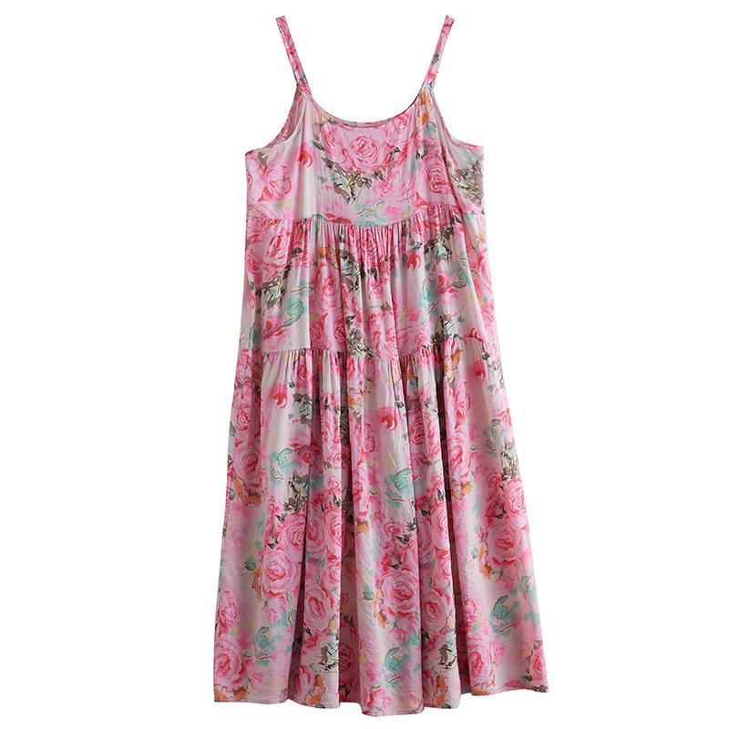 2025 Summer Cotton Linen Printed Long Sling Dress with Patchwork Design