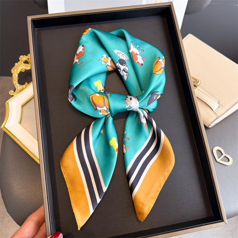 Cute Dog High-end Small Square Scarf Square Scarf Silk Scarf Simulation Silk Printing Atmosphere Shawl Neck Headscarf Scarf Women's Sun Protection