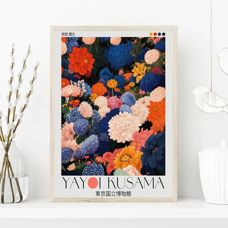 Japan Yayoi Kusama Inspired Botanical Tokyo Museum Poster Japandi Colorful Floral Artwork Canvas Painting Wall For Home Decor