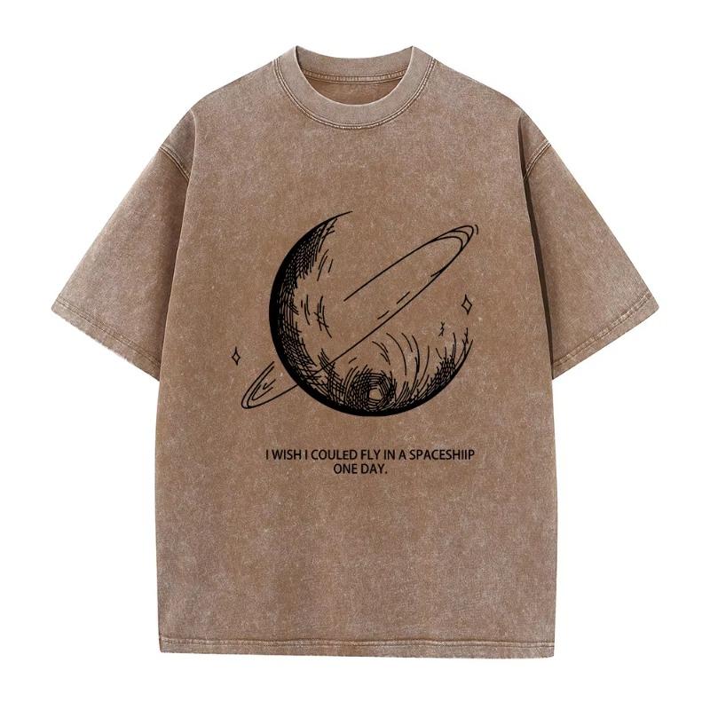 2026 Neues Schweres Reines Baumwollgewaschenes T-Shirt Locker Übergröße Retro Used Street Style Monddruck Kurzarm Basisschicht