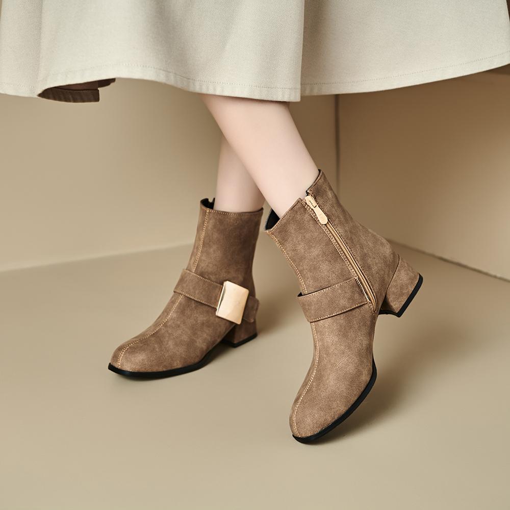 Schwarz Braun Damen Stiefeletten Runde Zehenpartie Mittelhoher Blockabsatz Kleine Große Größe 32 48