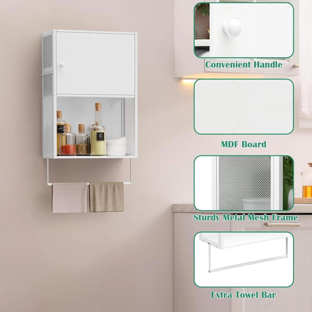 Wall-Mounted Bathroom Cabinet with Towel Bar & 3-Tier Shelves - Over Toilet Storage for Bathroom, Laundry & More, White