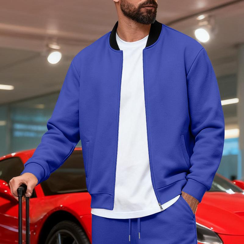 

Spring and Autumn Men s Stand Collar Jacket Solid Color Sports Casual Zipper Long Sleeve Top Men s Jacket S синий