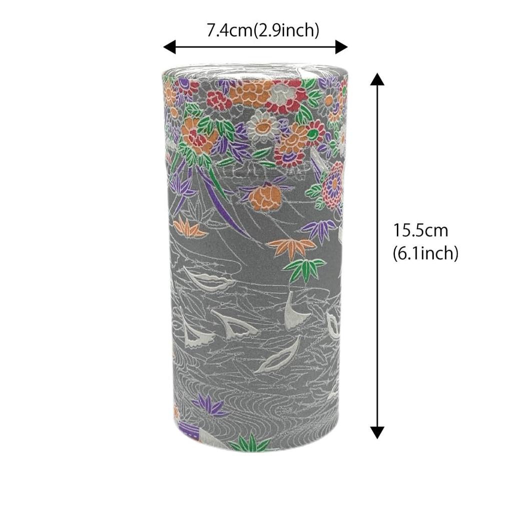 Noguchi Kumataro Tea Garden Tea Caddy, Large Capacity 200g, with Washi Paper and Inner Lid, Waterside Flower Design, Silver, Made in Japan, Stylish