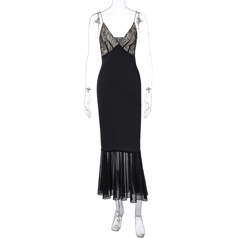 Fashion Patchwork Lace Bandeau Dress – Sexy Slim Mesh Strappy Skirt for Women S