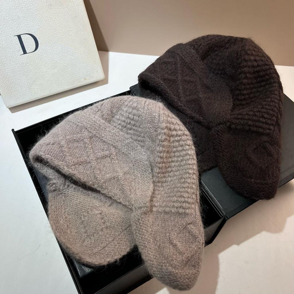 Rabbit Velvet Warm Knitted Hat Winter Sweet Small Fragrant Wind Rhombus Wool Hat Soft Rabbit Fur Ear Protector Lei Feng Hat