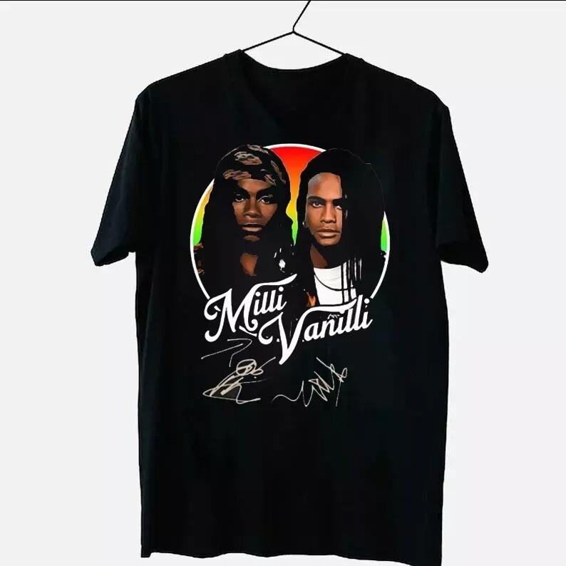 Koszulka Unisex z Podpisami Zespołu Milli Vanilli Okrągły Wzór Pełna Rozmiarówka S Do 5XL
