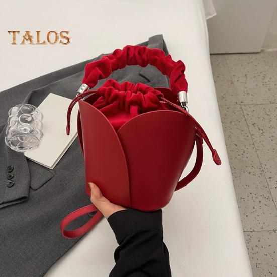 Women's Petal Bucket Bag Vintage Faux Leather Drawstring Handbag with Adjustable Strap Tote Shoulder Purse Crossbody Bag for Shopping Work