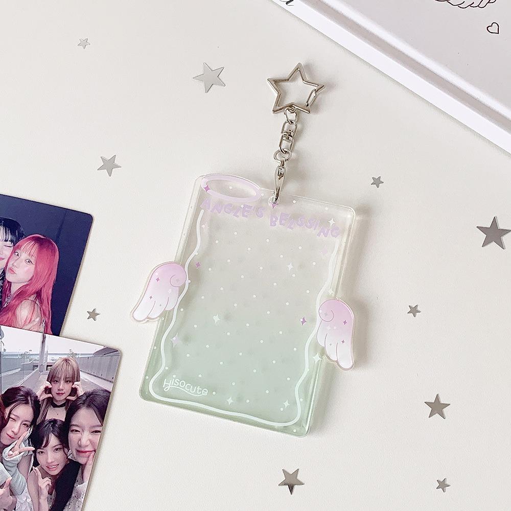 Cute Acrylic Kpop Card Holder Keychain Angel Wing Album Binder Photo Frame Protective 3 Inch Idols Photocard Holder Bag Pendant